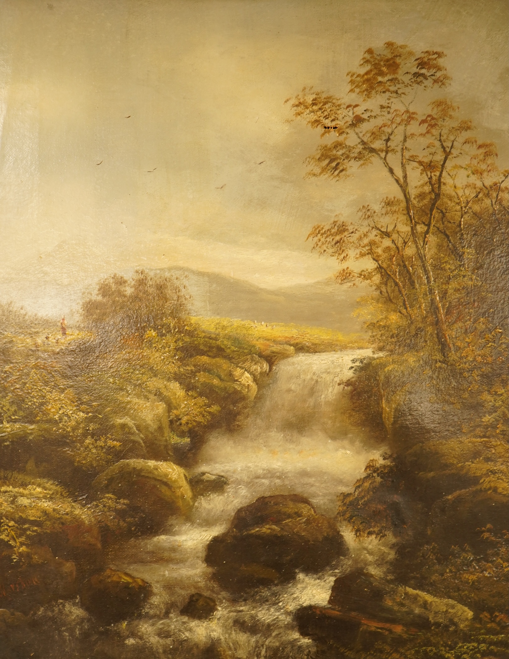 R. Marshall (19th / 20th. C), Landscape with waterfall, signed, oil on canvas, 49 x 39cm, ornate gilt frame